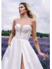 Strapless Beaded Ivory Lace Satin Slit Wedding Dress With Ruffled Sleeves